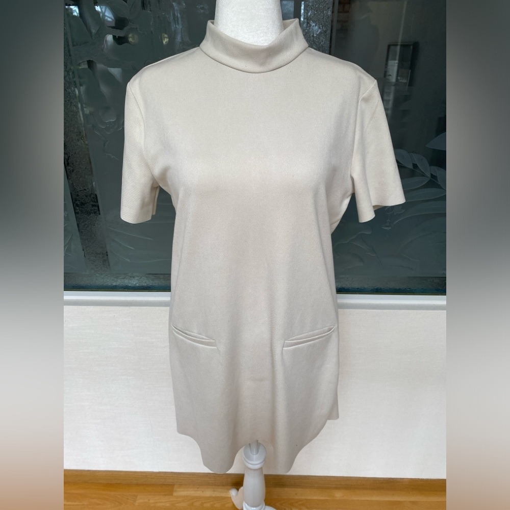 Zara ecru mock neck shift dress with front slit pockets size L